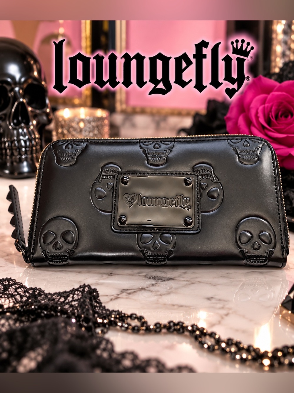 Loungefly Black Skull Embossed Zip Around Wallet Goth Punk Y2K Faux Patent